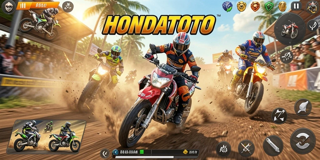 Screenshot HONDATOTO menampilkan aksi balapan motor yang seru dan mendebarkan.