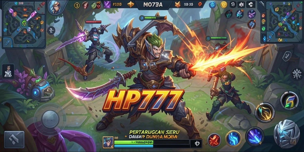 Screenshot HP777 menampilkan aksi pertarungan seru dalam game MOBA.