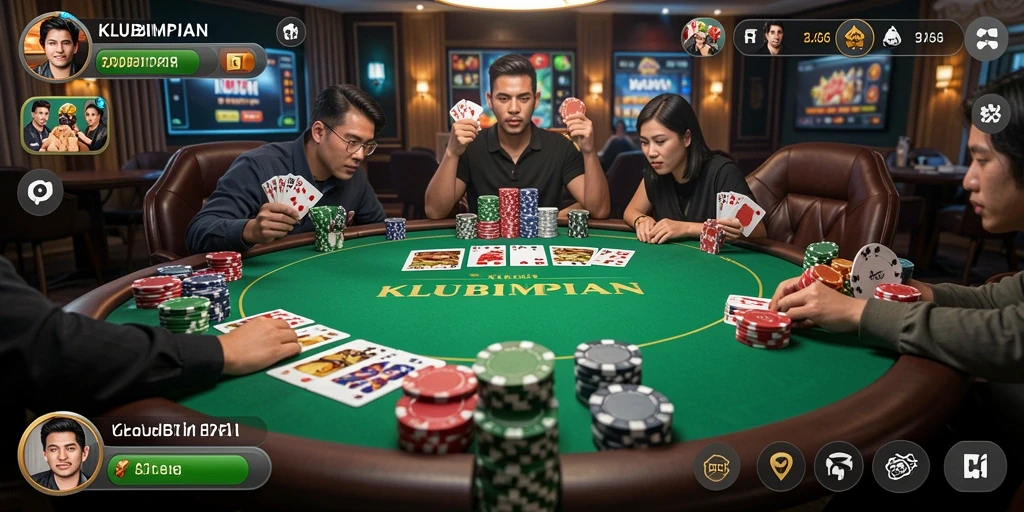 Screenshot gameplay seru KLUBIMPIAN menunjukkan aksi Poker yang mendebarkan.