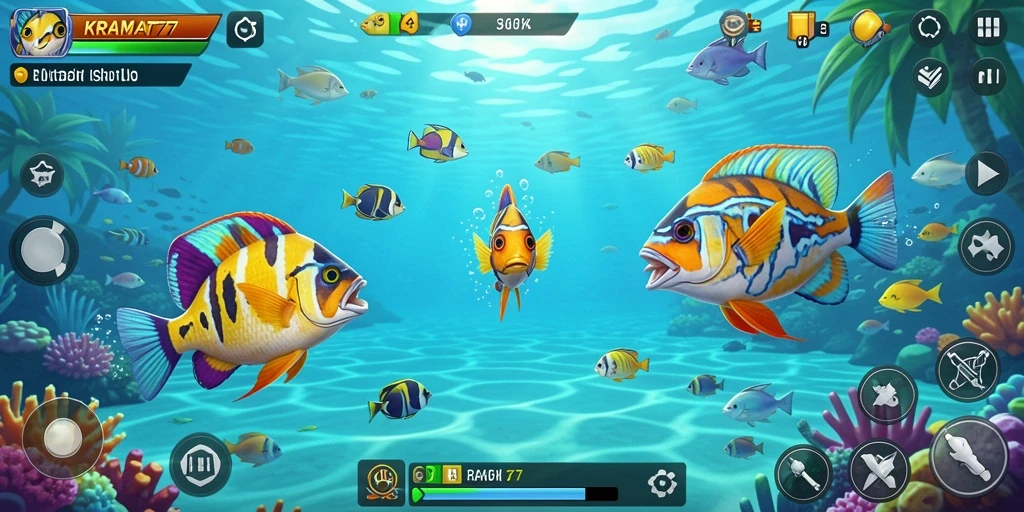 Tampilan gameplay KRAMAT77 dengan berbagai ikan dan senjata.