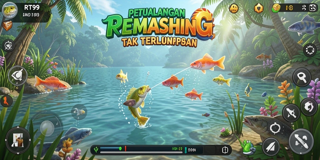 Screenshot menunjukkan gameplay memancing yang seru dan menantang.